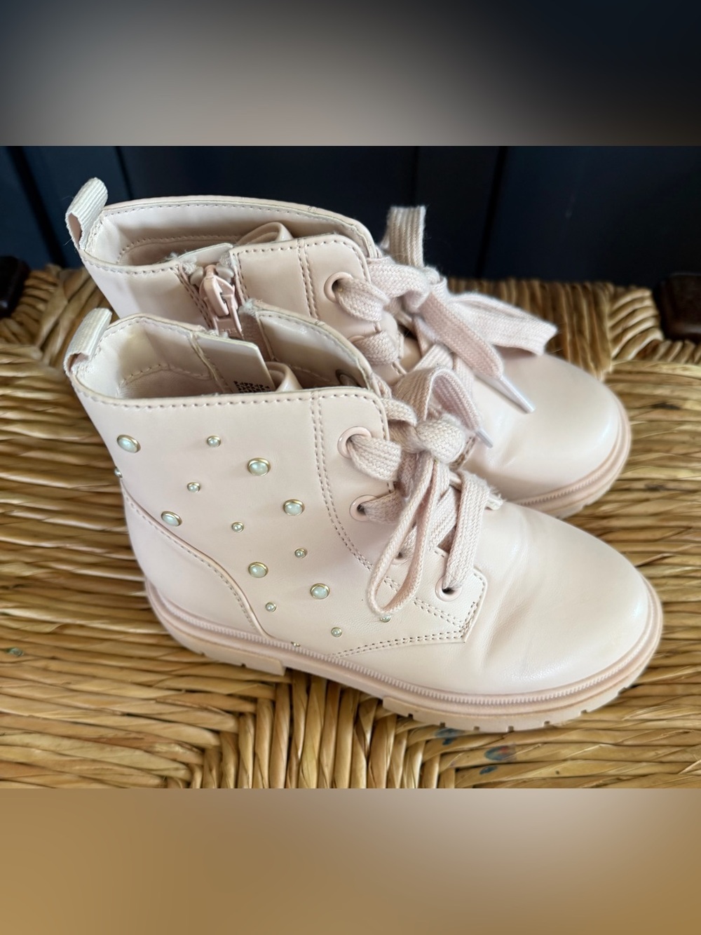 Cat & Jack Pink Pearl-Accent Lace-Up Lug Kids Ankle Boots
